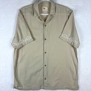 Folk Men's Large Beige Linen Cotton Short Sleeve Button Up Shirt Embroidered